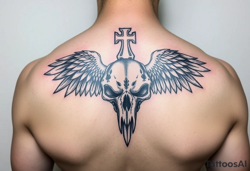 Leviathan cross etched on ravens skull tattoo idea