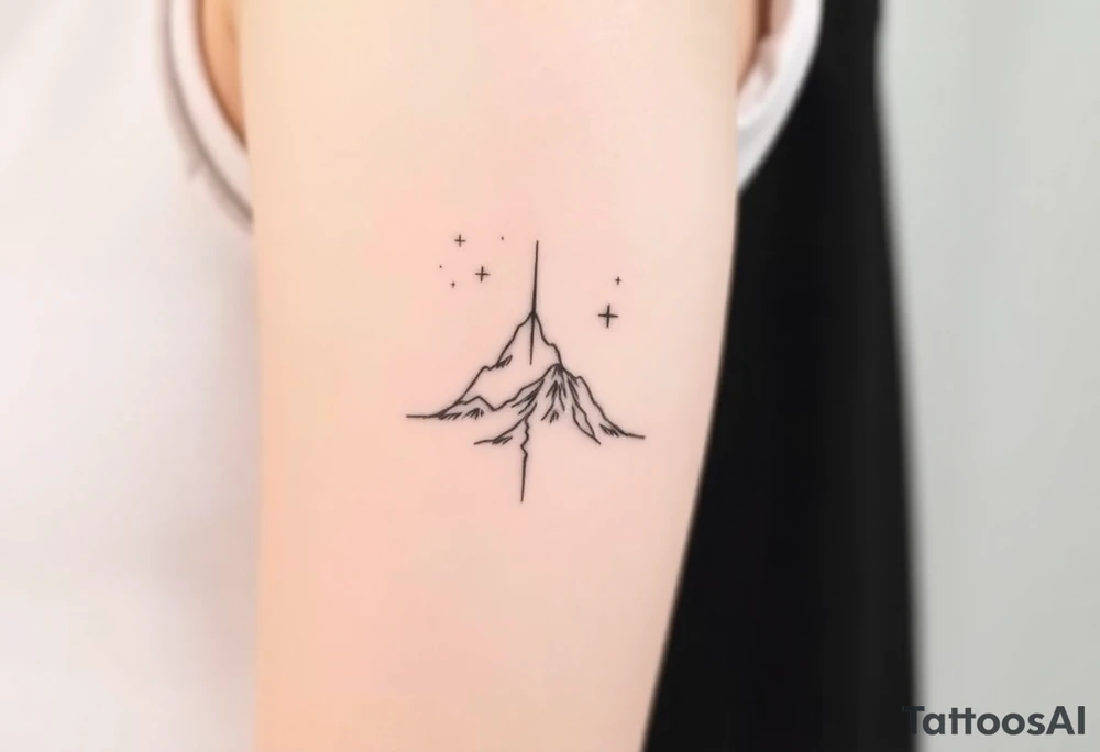 Two minimalist mountains stacked vertically, one sharp and clear at the top, the other fading into mist at the bottom tattoo idea