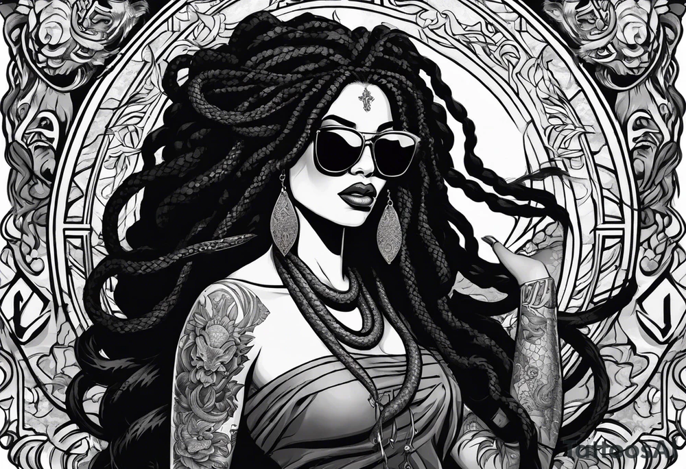 medusa as a beautiful black women with long black dreadlocks and one arm tattooed with snake skin and the other arm tattooed with marble, wearing large black sunglasses, streetwear tattoo idea
