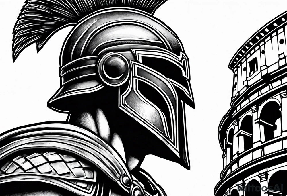 Side profile of spartan soilder with Rome Pantheon and colosseum in background tattoo idea