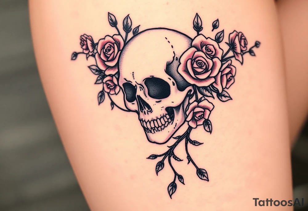 gothic skull intertwined with climbing roses and thorny vines tattoo idea