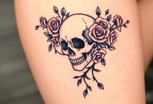 gothic skull intertwined with climbing roses and thorny vines tattoo idea