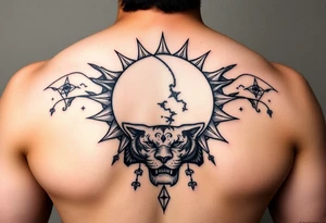 celestial sun and moon embrace with panther constellation patterns tattoo idea