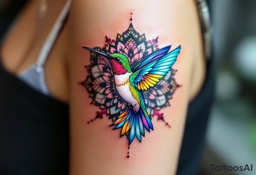 Colorful hummingbird centered in front of a mandala design tattoo idea