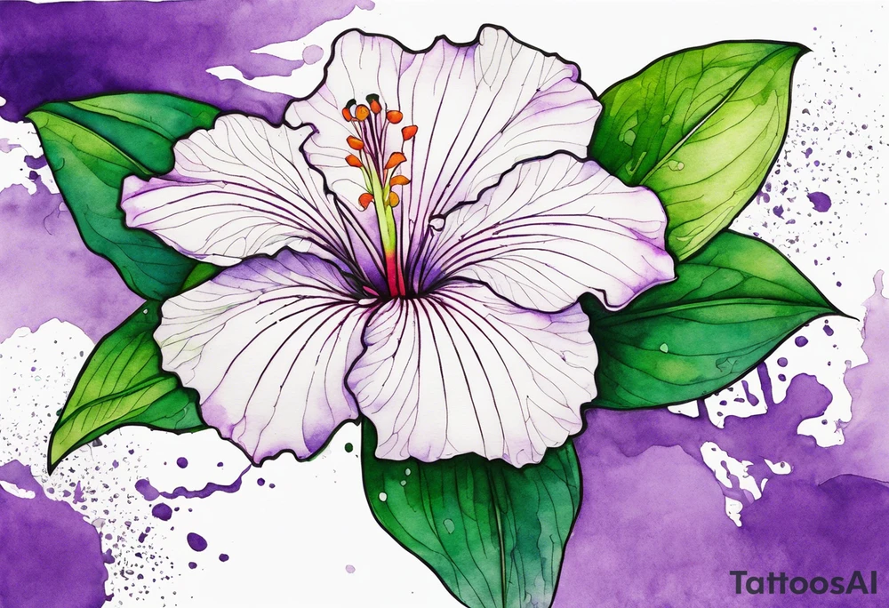 An outline of a green rio dipladenia flower and a purple watercolor splash in the background tattoo idea