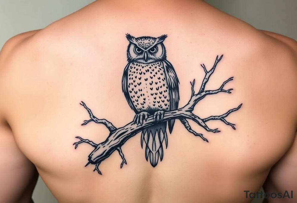 wise owl perched on ancient oak branch under starlit sky tattoo idea