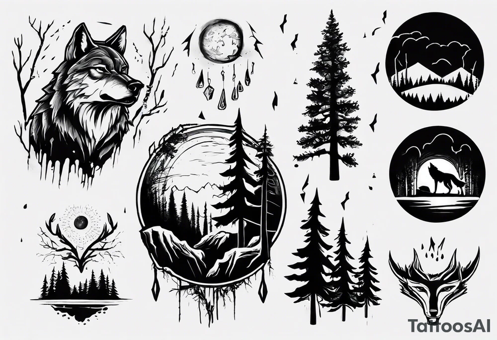 thunderstorm over a forest with a wolf howling on drums tattoo idea thunderstorm over a forest with a wolf howling on drums tattoo idea
