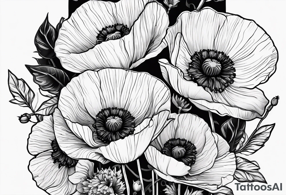 Poppy flowers with the date 1/15/22 in Roman numerals tattoo idea