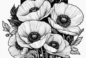 Poppy flowers with the date 1/15/22 in Roman numerals tattoo idea