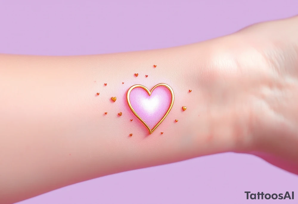 A symbol of rune of love in the shape of a heart, carved with clean, sharp edges. The design in golden, and the background features a lavender glow. Tiny hearts float around the symbol, representing infinite devotion. tattoo idea