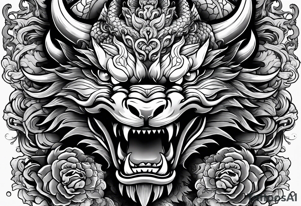 Powerful Japanese dragon, with a fu dog and oni mask for forearm tattoo idea