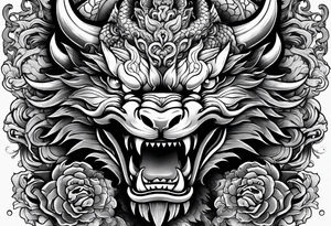 Powerful Japanese dragon, with a fu dog and oni mask for forearm tattoo idea