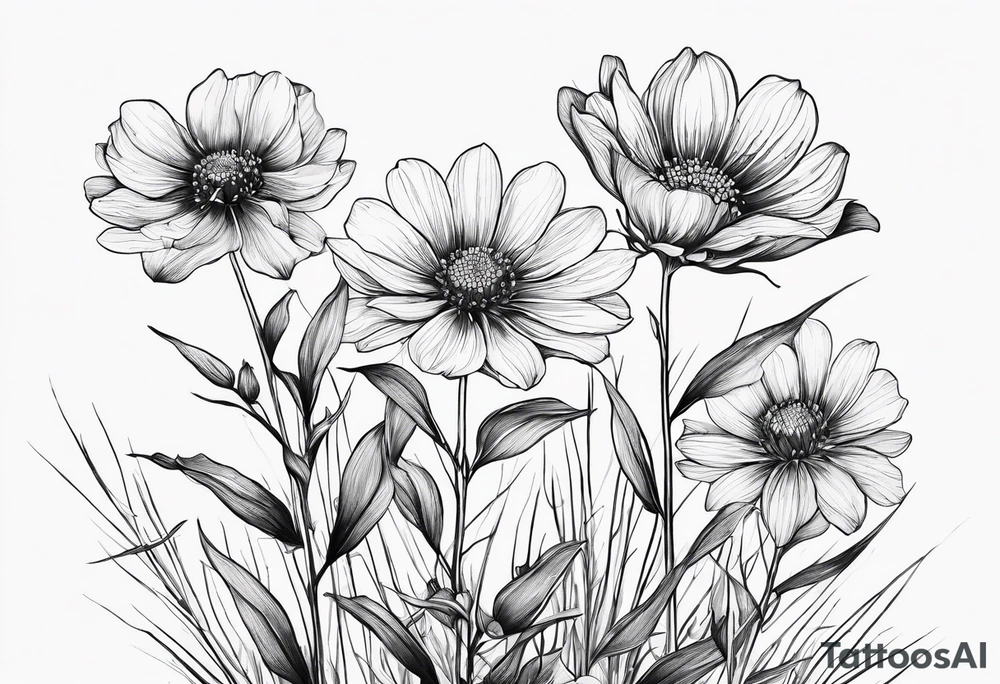 straight line - wildflower in watercolor represents overcoming challenges & strength - mountains, waves with a little sunshine tattoo idea
