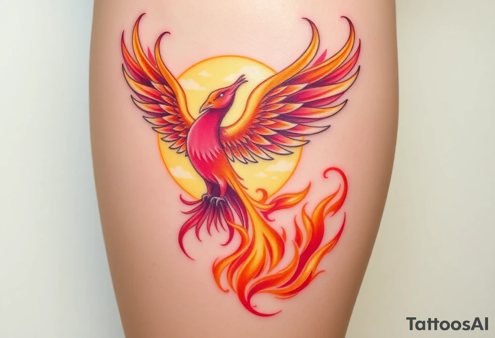 magnificent phoenix rising from flames with trailing embers pinks golds orange and yellows with a golden sunset and sky with puffy clouds and heaven backdrop tattoo idea