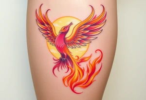 magnificent phoenix rising from flames with trailing embers pinks golds orange and yellows with a golden sunset and sky with puffy clouds and heaven backdrop tattoo idea