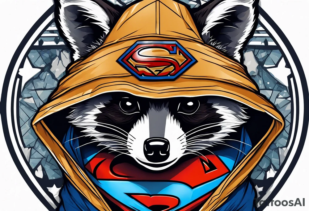raccoon wearing a Superman hoodie tattoo idea