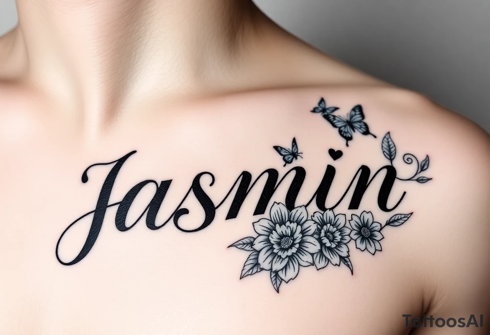 I NEED THE NAME JASMIN, THE DOT IN THE LETTER I TO BE A HEART, AND  BUTTERFLIES AND SUNFLOWERS AND SOME ROSES. I WANT THE ROSES TO UNDER THE TOP PART OF THE LETTER “J” AND FOR THE SUNFLOWERS, I WANT THOSE TO BE UNDER THE LETTER “N”, I WANT 2 ROSES AND 3 SUNFLOWERS. I want it to be on the right side of my chest, and for it to be in cursive tattoo idea