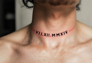 VIII.XII.MMXIV in thick black font circling the neck like a collar, with small ruby red dots separating the numerals. tattoo idea