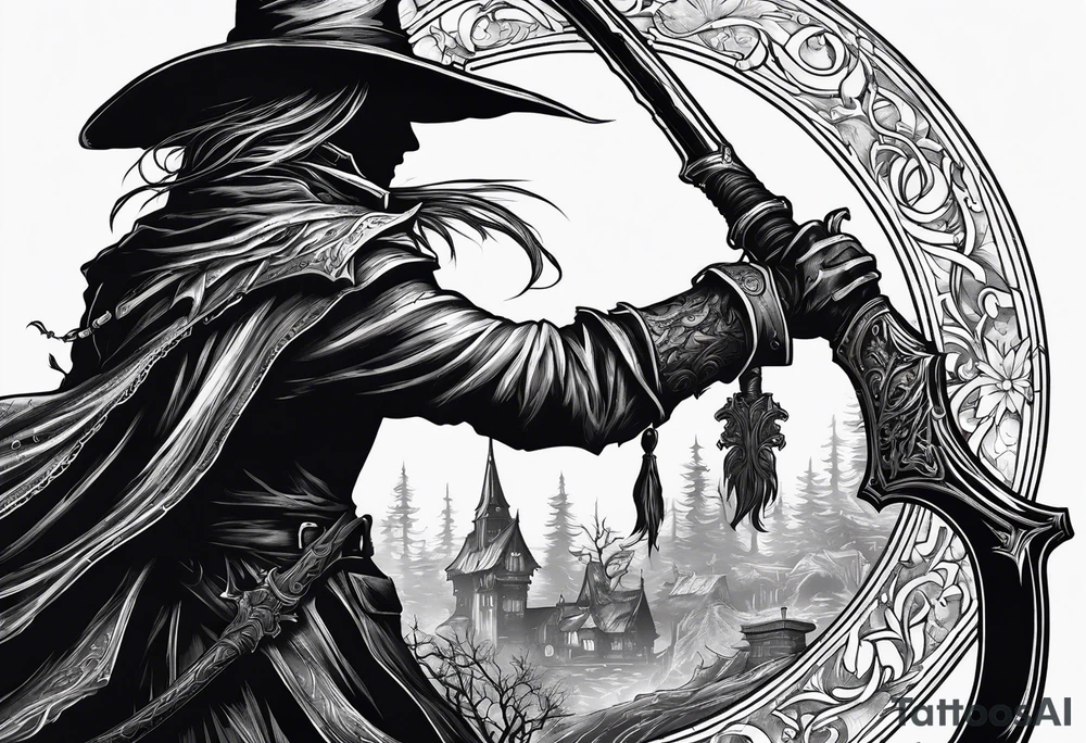 Bloodborne hunter, holding  scythe, howling, Dual wielding tattoo idea