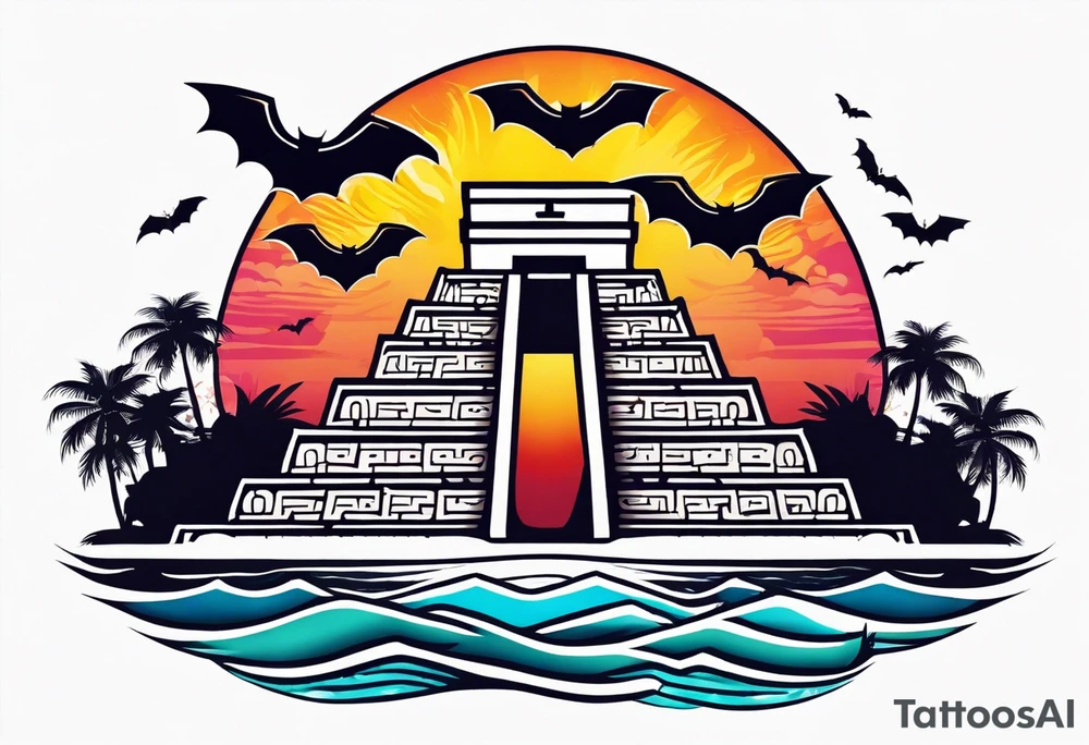 Colorful Mayan hieroglyph with sunglasses reflecting Chichen itza. Bats and waves tattoo idea