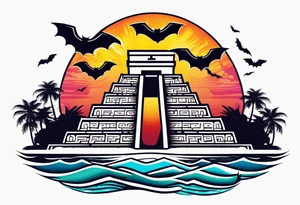 Colorful Mayan hieroglyph with sunglasses reflecting Chichen itza. Bats and waves tattoo idea