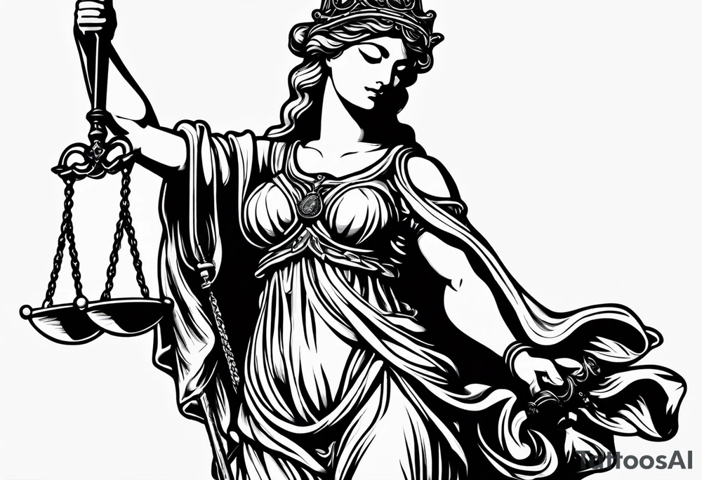 Lady justice with blindfolded eyes, holding a sword in the one hand and a libra in the other tattoo idea