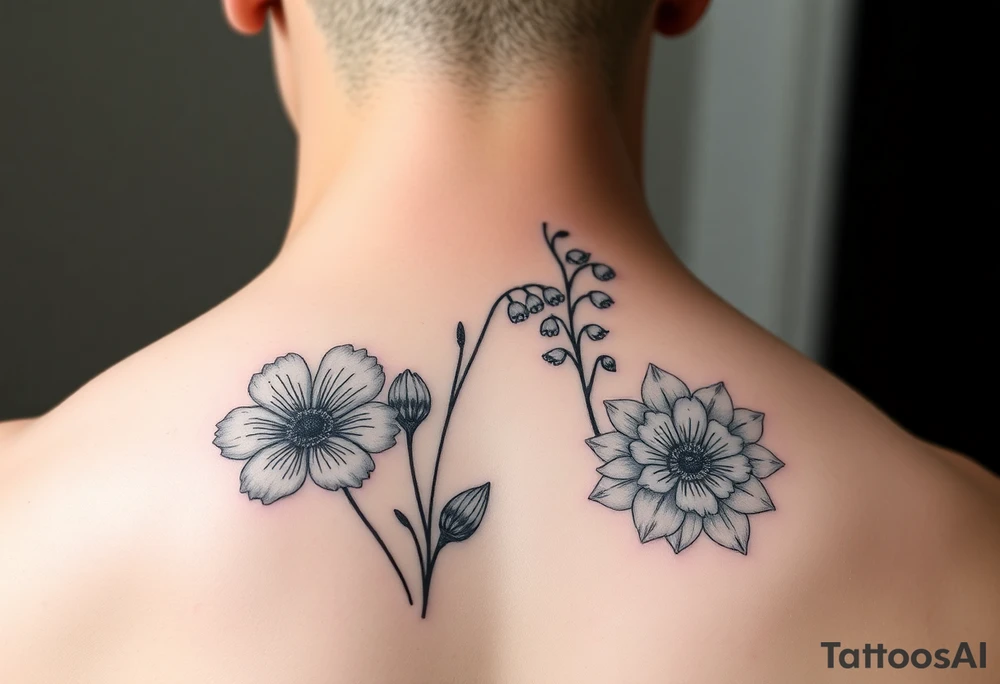 small tattoo with cosmos, lily of the valley, and chrysanthemum tattoo idea