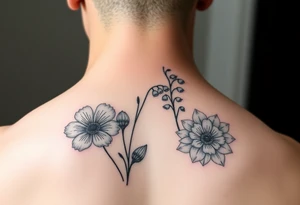 small tattoo with cosmos, lily of the valley, and chrysanthemum tattoo idea