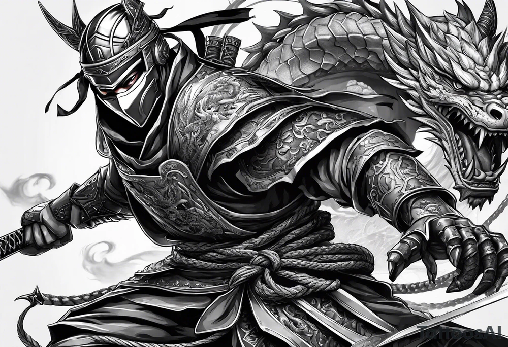 Angry Male Modern robot ninja with demon mask with swords in hands fighting dragon tattoo idea