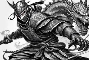 Angry Male Modern robot ninja with demon mask with swords in hands fighting dragon tattoo idea