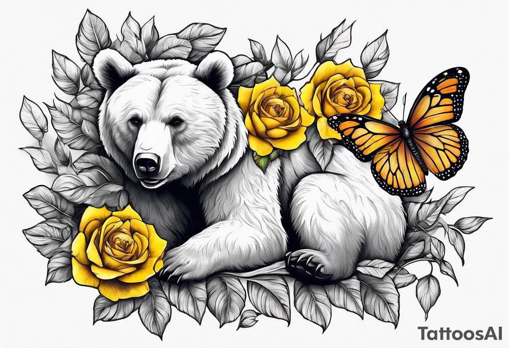 A bear sittng under the tree of life with three yellow roses, and three butterflies tattoo idea