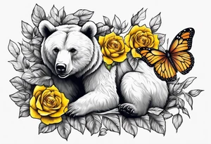 A bear sittng under the tree of life with three yellow roses, and three butterflies tattoo idea