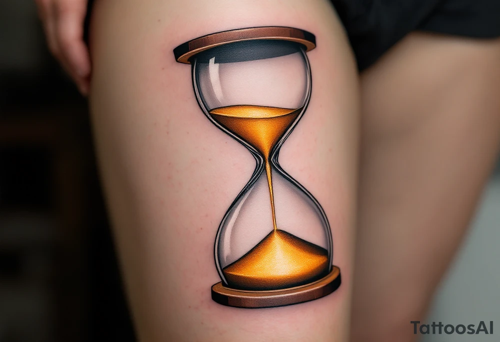 A realistic hourglass with golden sand, mid-pour, with reflections in warm gold and deep black, symbolizing love’s timeless nature. tattoo idea