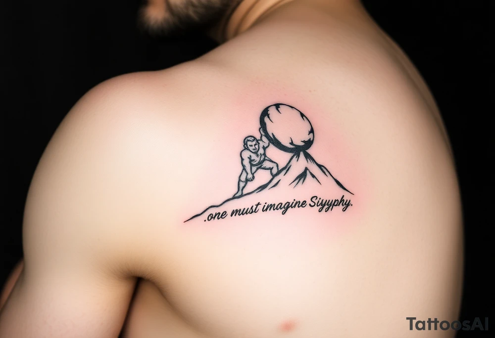 I want to get a tattoo. Unsure of where so give me ideas. It’s centered around the myth of Sisyphus and need help with how to design it. But I know I want it to resemble the story so maybe a man pushing a boulder up a hill with a couple other tiny details. Then I want the words from the quote “one must imagine Sisyphus happy.” I want ideas for a design that will encapsulate the story of Sisyphus tattoo idea