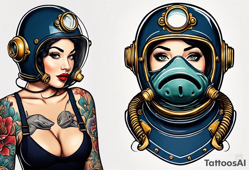 Navy Diving helmet with a shark and pin up girl tattoo idea
