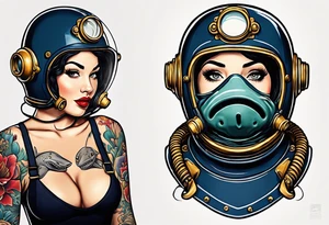 Navy Diving helmet with a shark and pin up girl tattoo idea