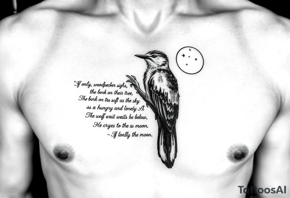 “"If only, if only," the woodpecker sighs,

The bark on the tree was as soft as the sky.

As the wolf waits below, so hungry and lonely,

He cries to the moon, "If only, if only."” 
written as a tattoo on rib cage tattoo idea