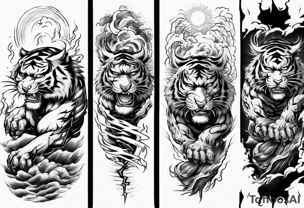tiger warrior with lightning and the sun for a forearm sleeve tattoo idea