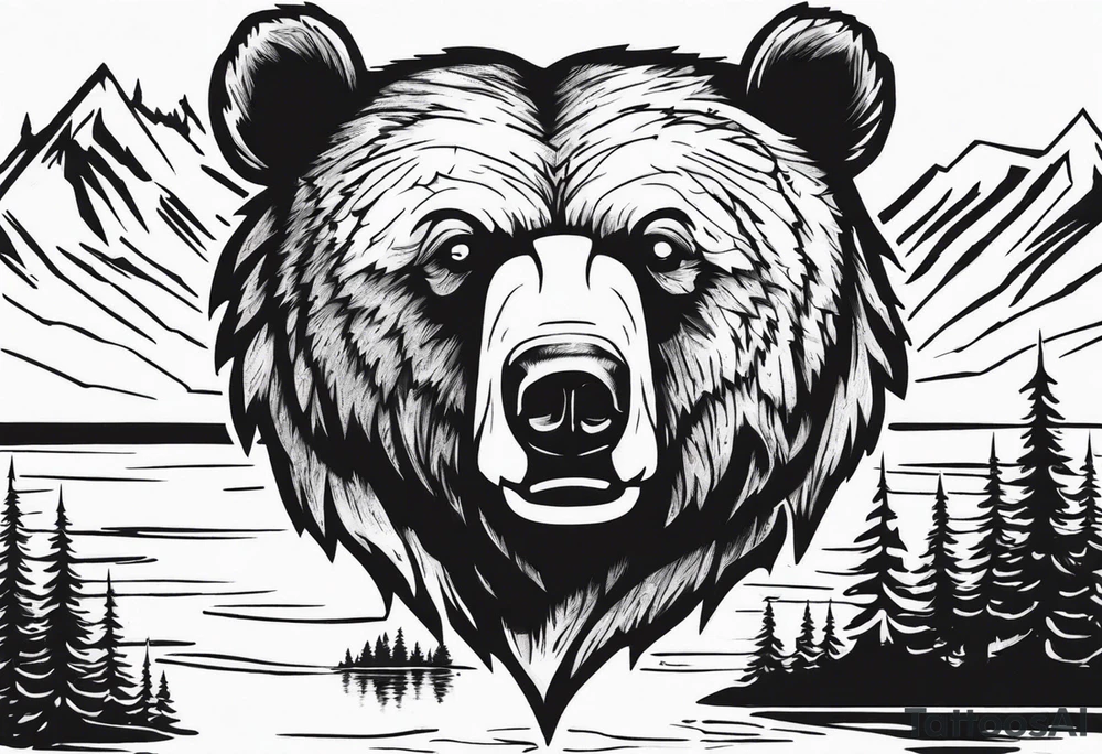 bear head right above the forest line with a lake below tattoo idea