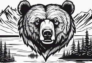 bear head right above the forest line with a lake below tattoo idea