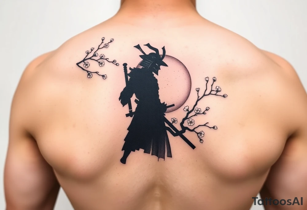 noble samurai warrior silhouette at sunset with cherry blossoms tattoo idea