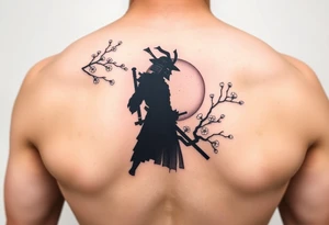 noble samurai warrior silhouette at sunset with cherry blossoms tattoo idea