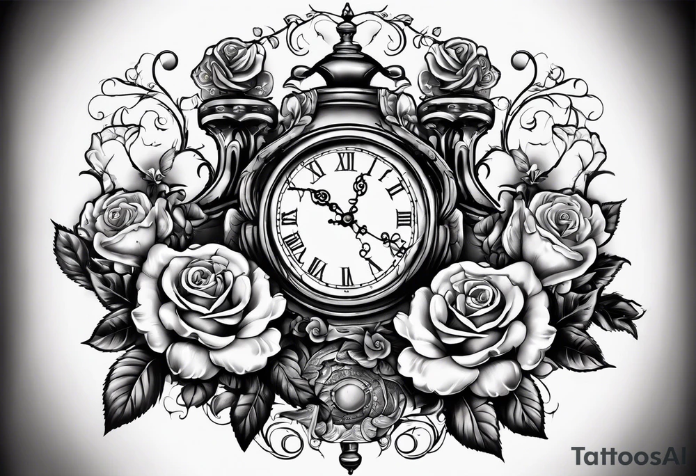 Half sleeve on arm of beautiful old fashion clock with roses, cherubs, angels, and the name chase Peter in a scroll tattoo idea