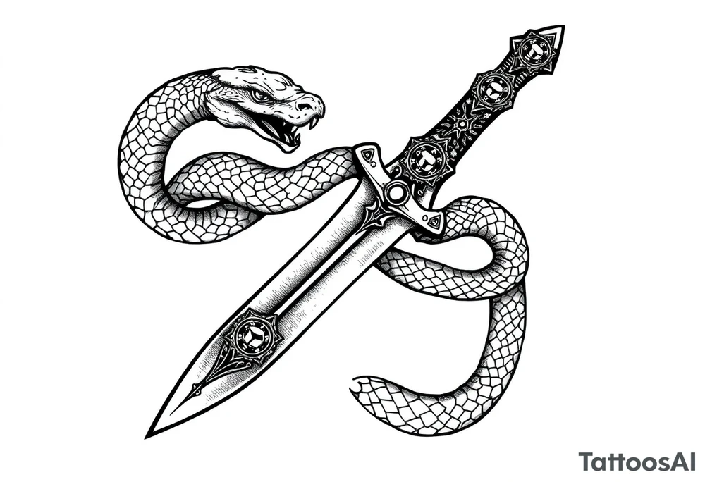 mystical snake coiled around an ancient dagger with jeweled hilt tattoo idea