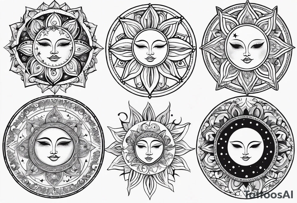 Feminine alien Sun and moon. Freeform rectangular sternum swirls with dots and stars tattoo idea