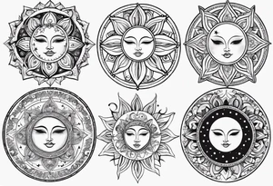 Feminine alien Sun and moon. Freeform rectangular sternum swirls with dots and stars tattoo idea