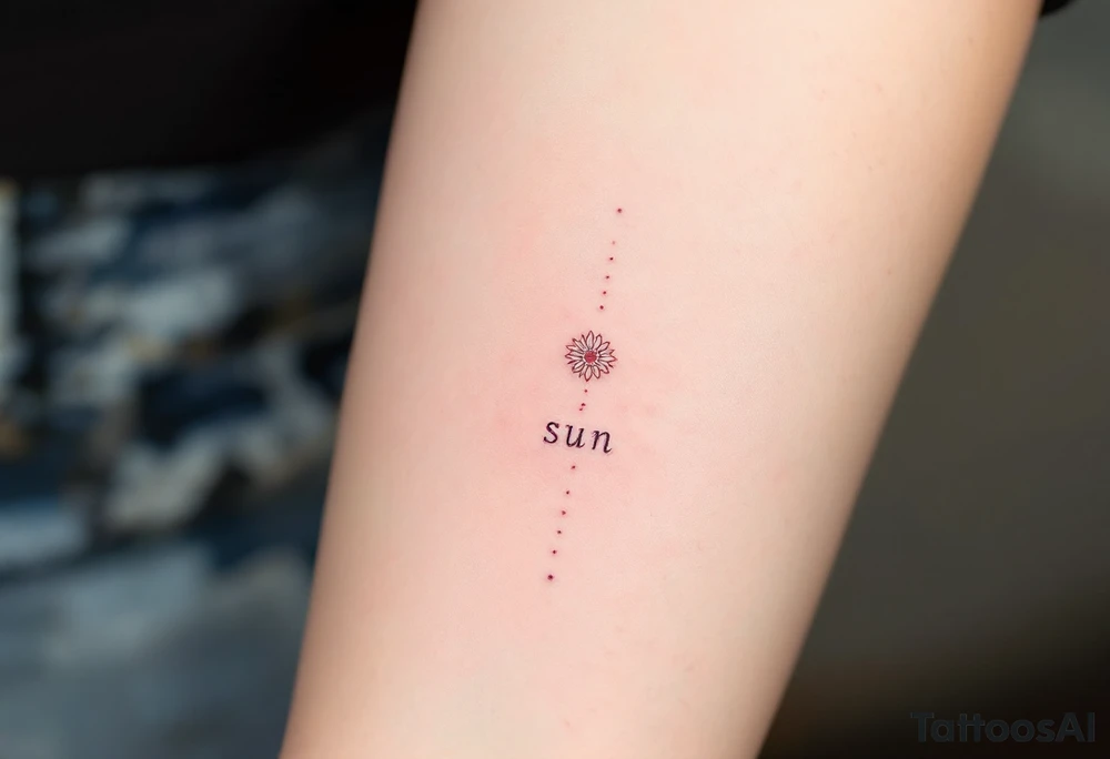 Word "Sun" written vertical with small sunflower in pink tattoo idea