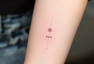 Word "Sun" written vertical with small sunflower in pink tattoo idea