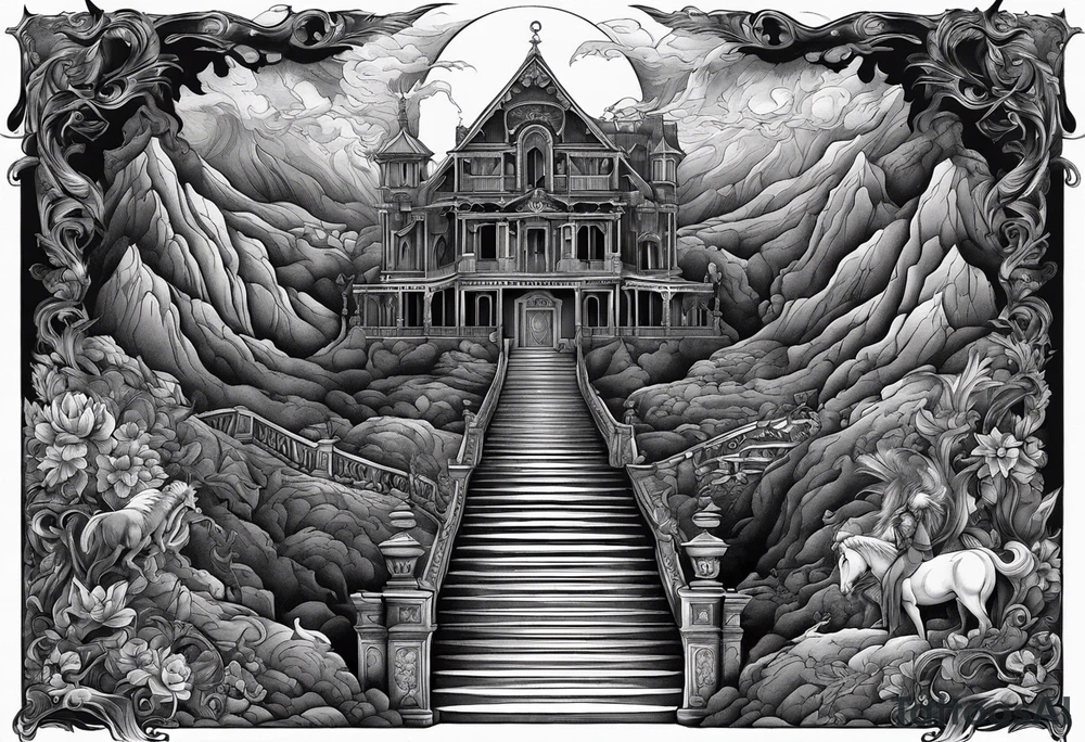 walking through the shadow valley of death with a stair case in the middle and demons on one side and a angel on the other side tattoo idea