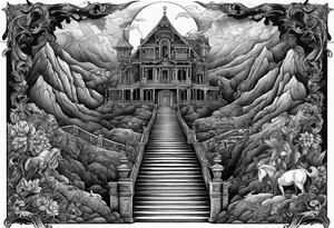 walking through the shadow valley of death with a stair case in the middle and demons on one side and a angel on the other side tattoo idea